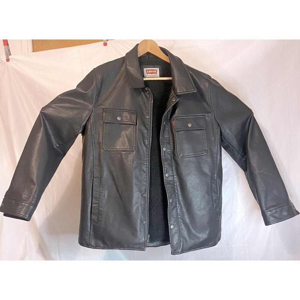 Levis Mens Black Faux Leather Sherpa Lined Trucker Jacket Coat Zip Front Snap
